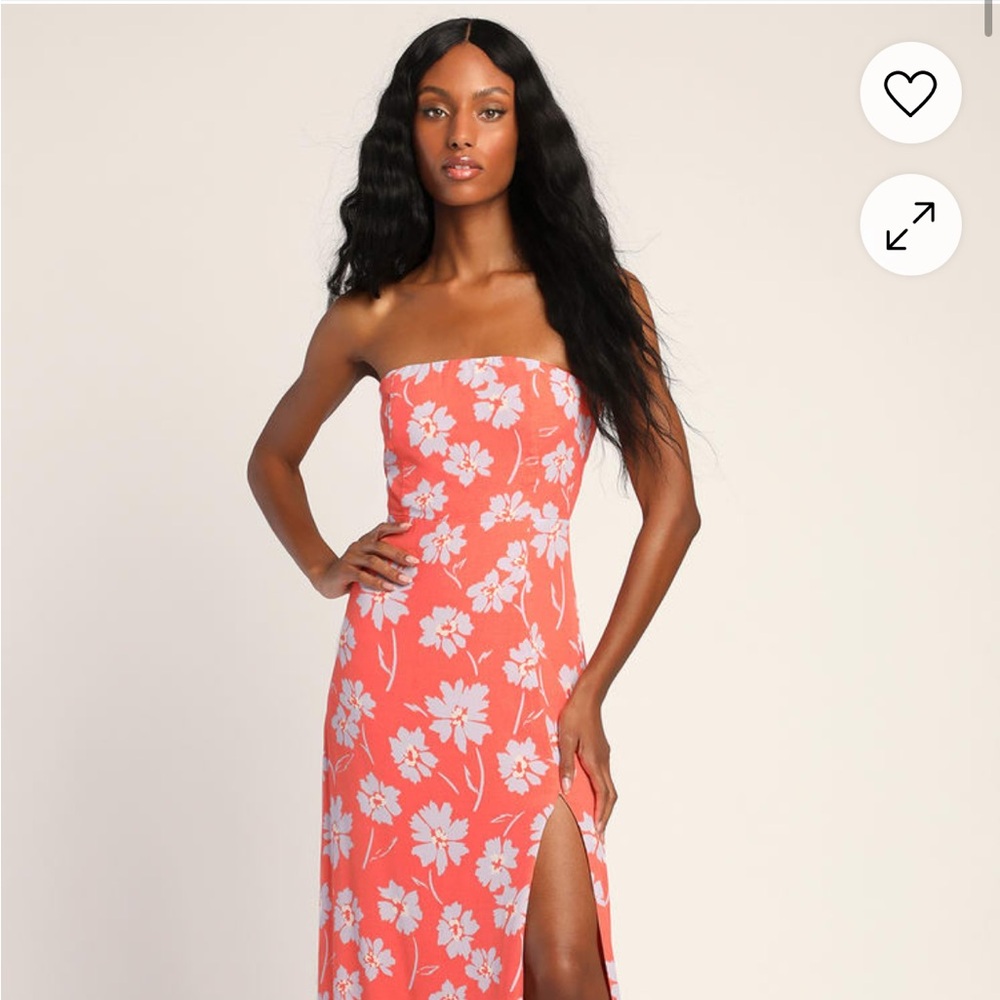 Lulus Floral Moment Coral Pink Floral Strapless Column Maxi Dress